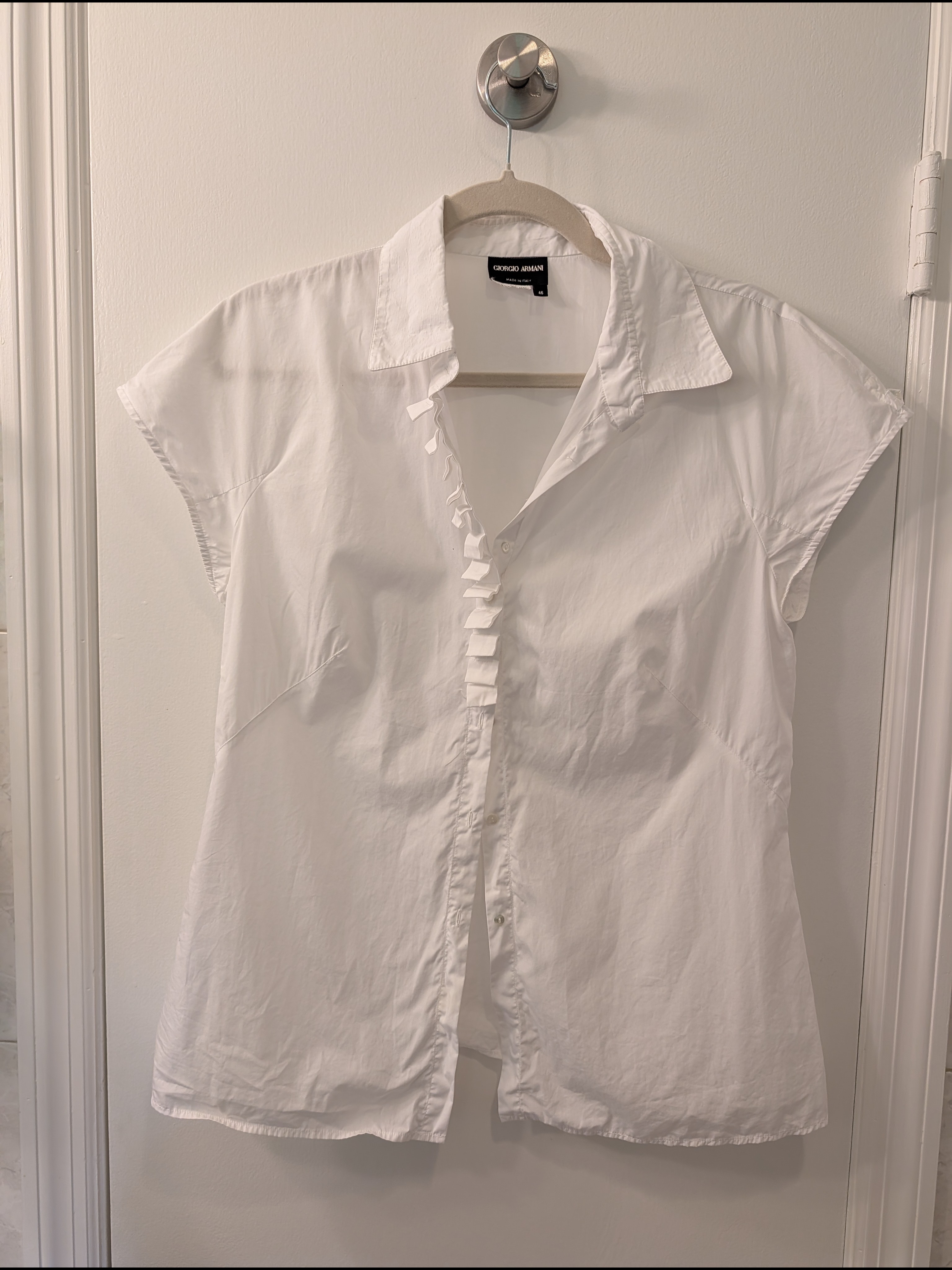 Giorgio Armani White Ruffle Button-Front Blouse | Size 46 | Italian Designer